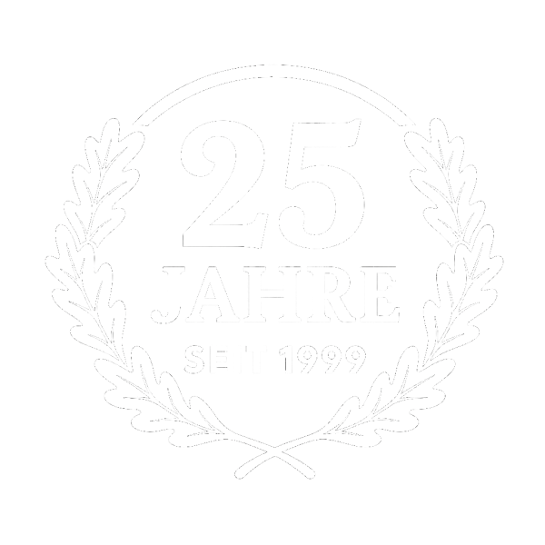 Jubiläumslogo 25 Jahre Mischler Metallbau in Schwarzenegg – weisse Variante, Qualität und Tradition für Kunden in Oberlangenegg, Unterlangenegg und Heimenschwand.